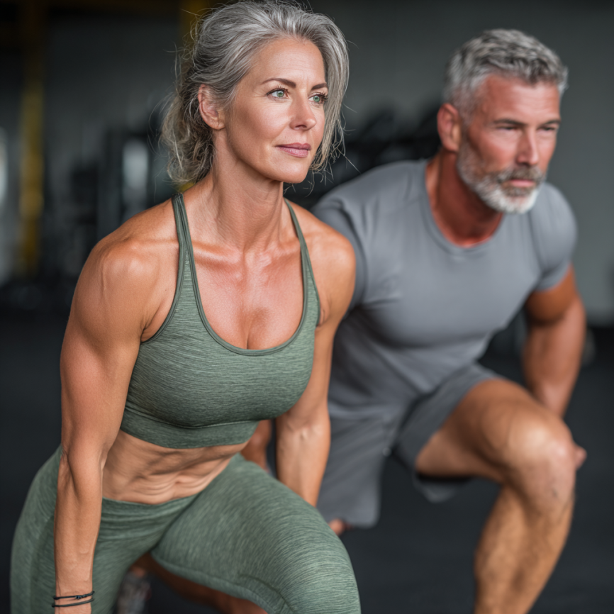 Літня пара займається фітнесом